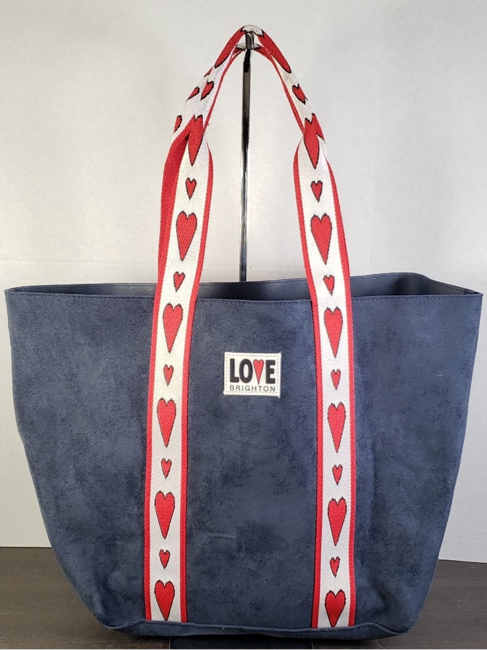 Brighton Navy Suede Tote with Red Heart-Detail Straps